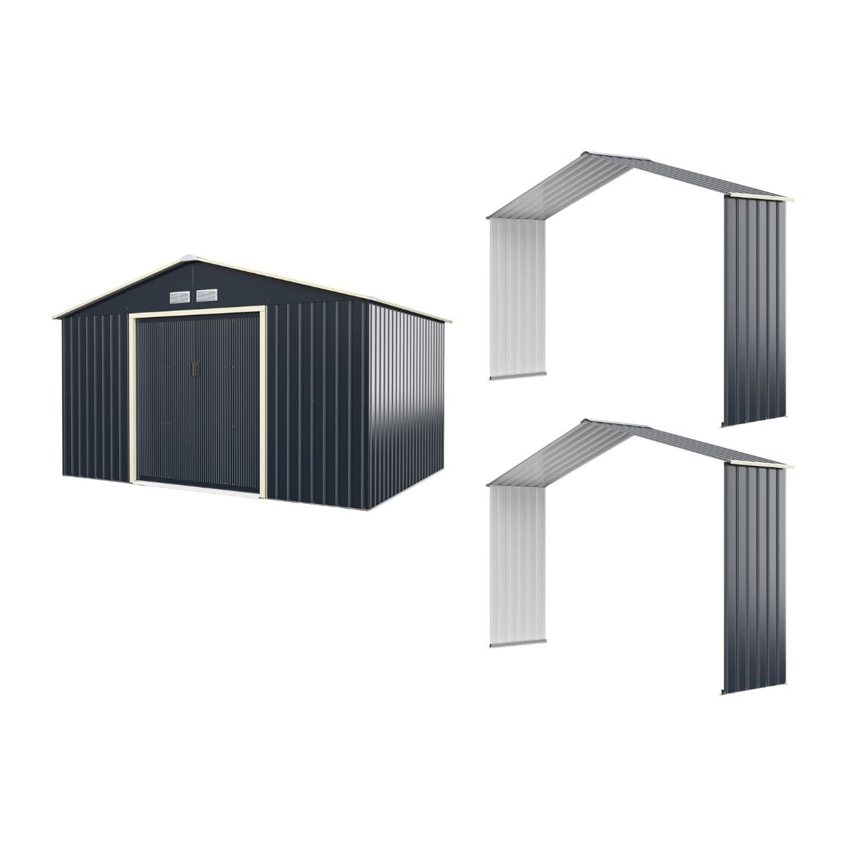 Erdvus metalinis sodo sandėliukas su 2 išplėtimo moduliais ir stumdomomis durimis (Pilka)