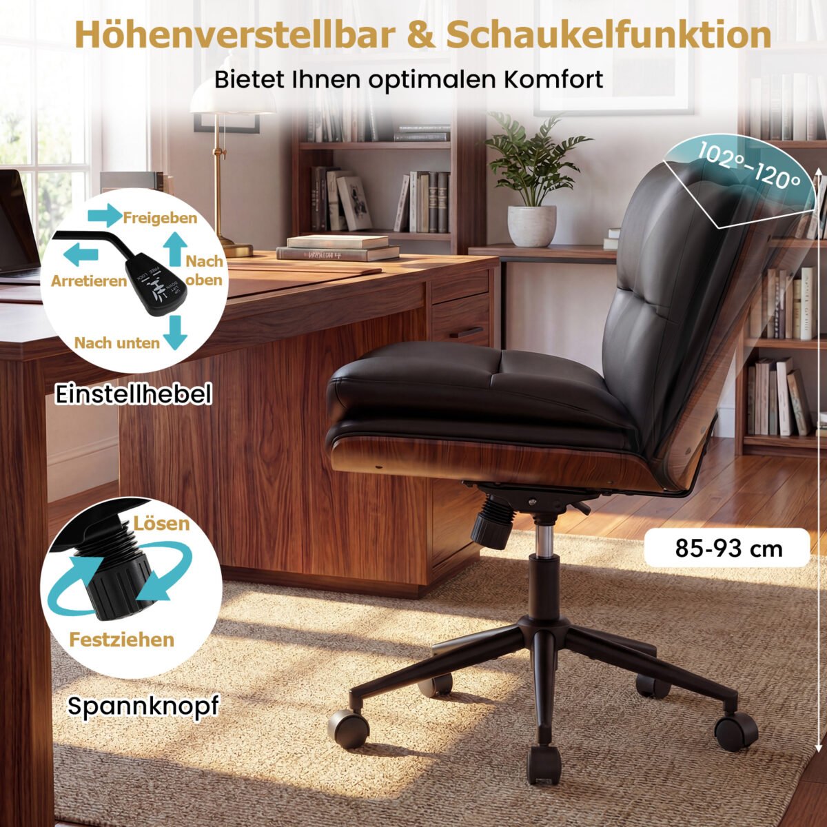 Ergonomiška kryžminių kojų biuro kėdė be porankių su ratukais (Juoda) – Paveikslėlis 4