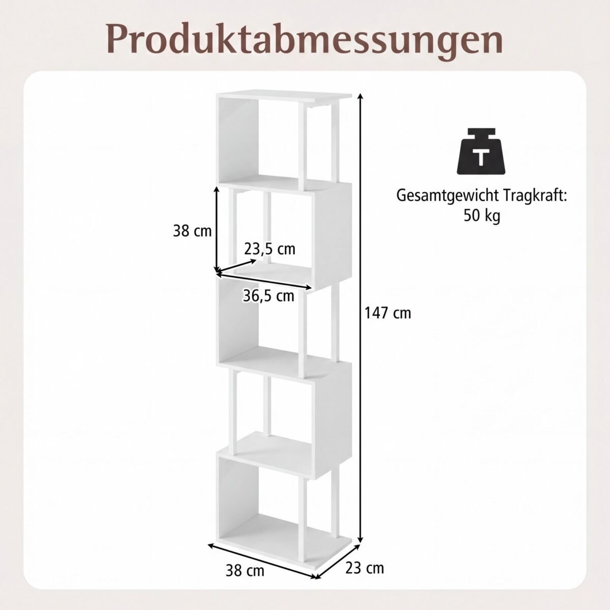 Geometrinė 5 aukštų knygų lentyna su metaliniu rėmu ir apsauga nuo apvirtimo (Balta) – Paveikslėlis 2