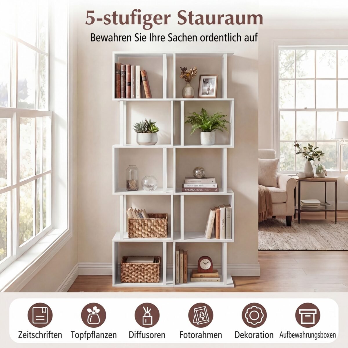 Geometrinė 5 aukštų knygų lentyna su metaliniu rėmu ir apsauga nuo apvirtimo (Balta) – Paveikslėlis 3