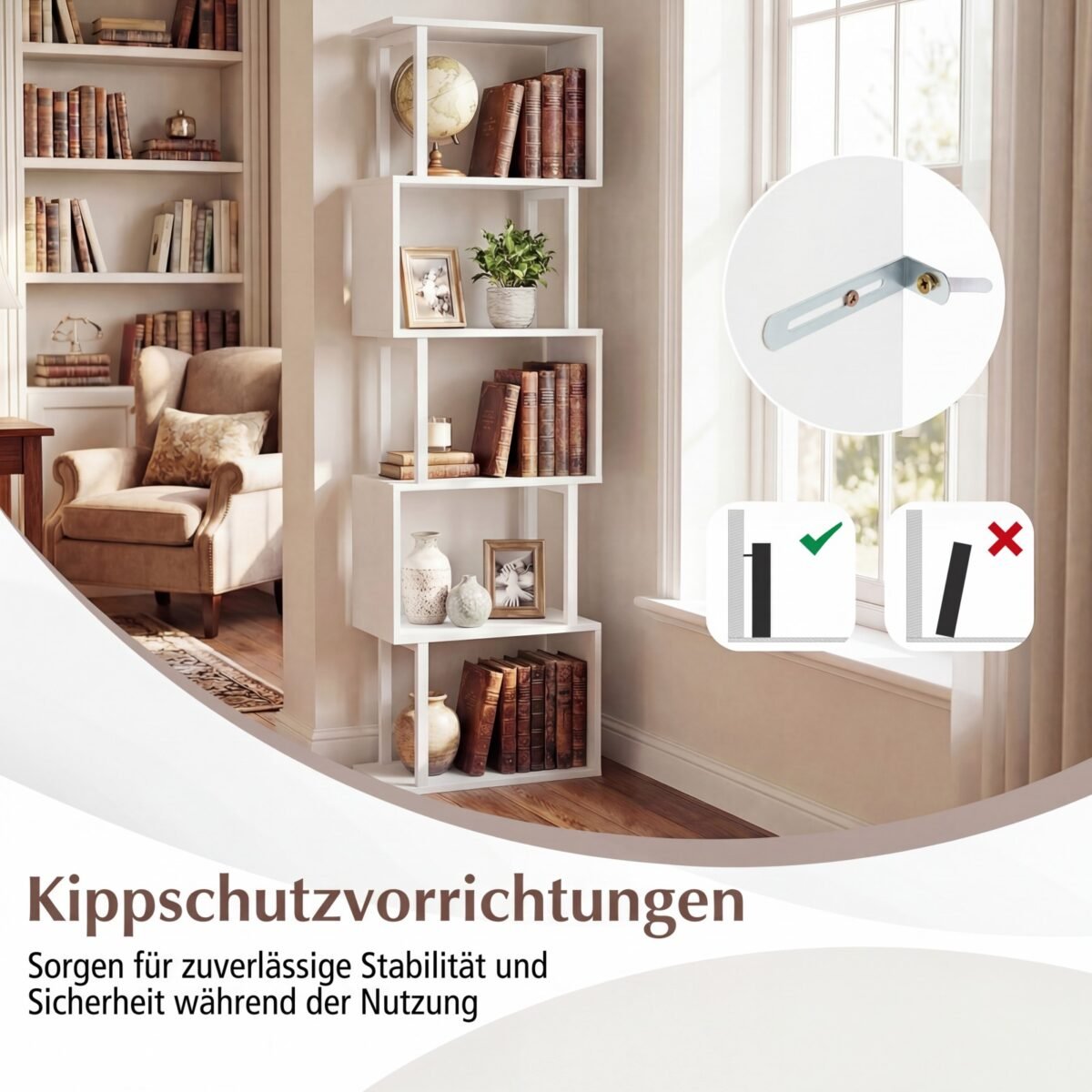 Geometrinė 5 aukštų knygų lentyna su metaliniu rėmu ir apsauga nuo apvirtimo (Balta) – Paveikslėlis 4