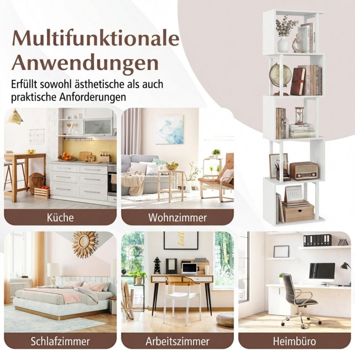 Geometrinė 5 aukštų knygų lentyna su metaliniu rėmu ir apsauga nuo apvirtimo (Balta) – Paveikslėlis 5