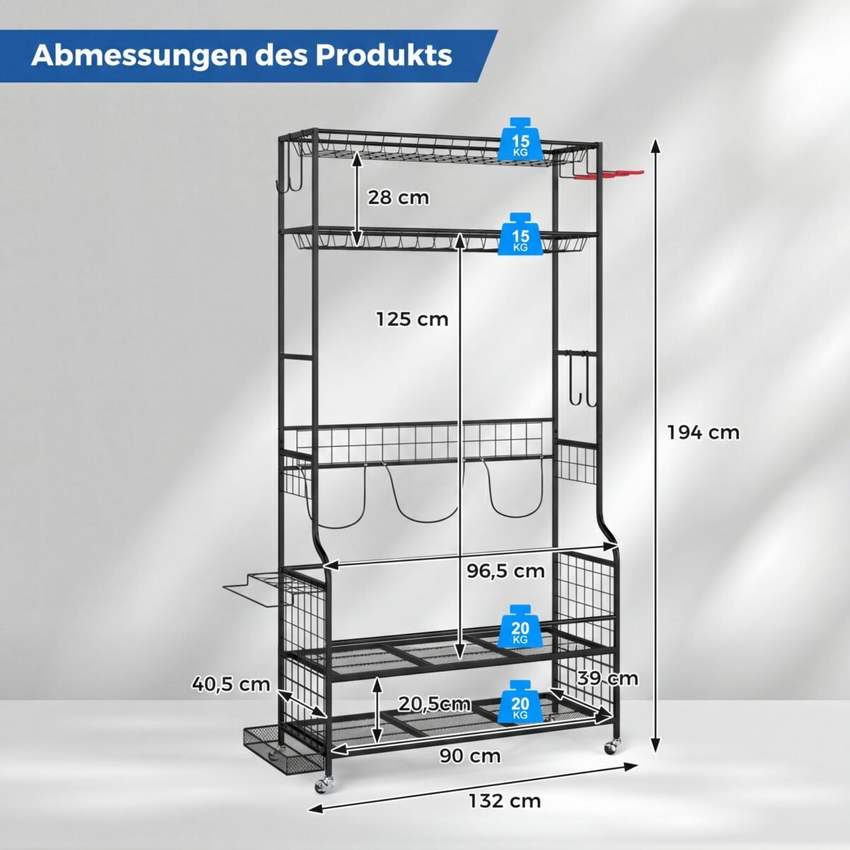 Golfo įrangos stovas-organizatorius su ratukais ir krepšiais (Juoda) – Paveikslėlis 2