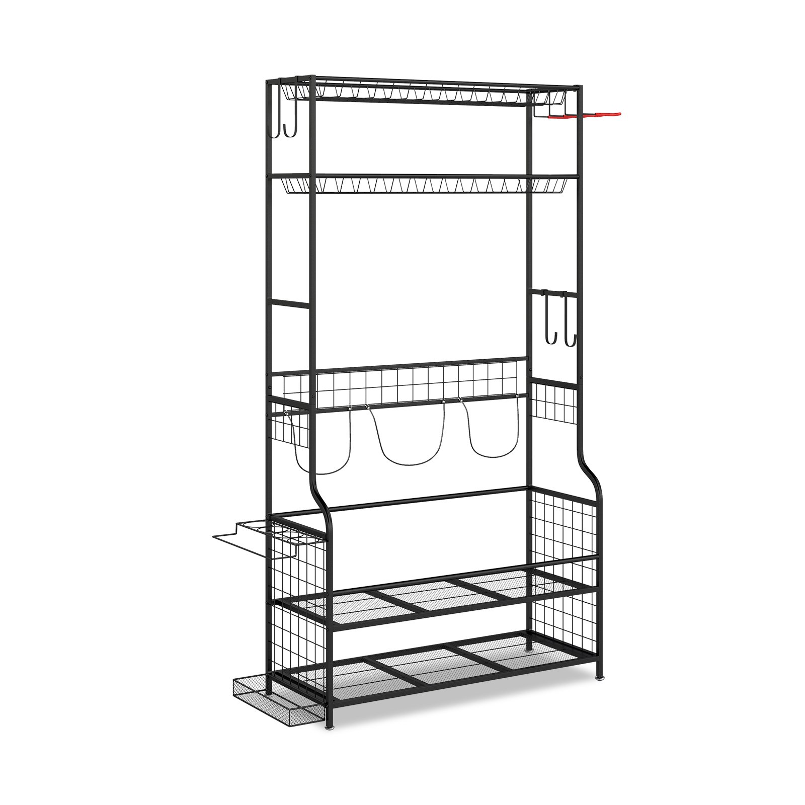 Golfo įrangos stovas-organizatorius su ratukais ir krepšiais (Juoda)