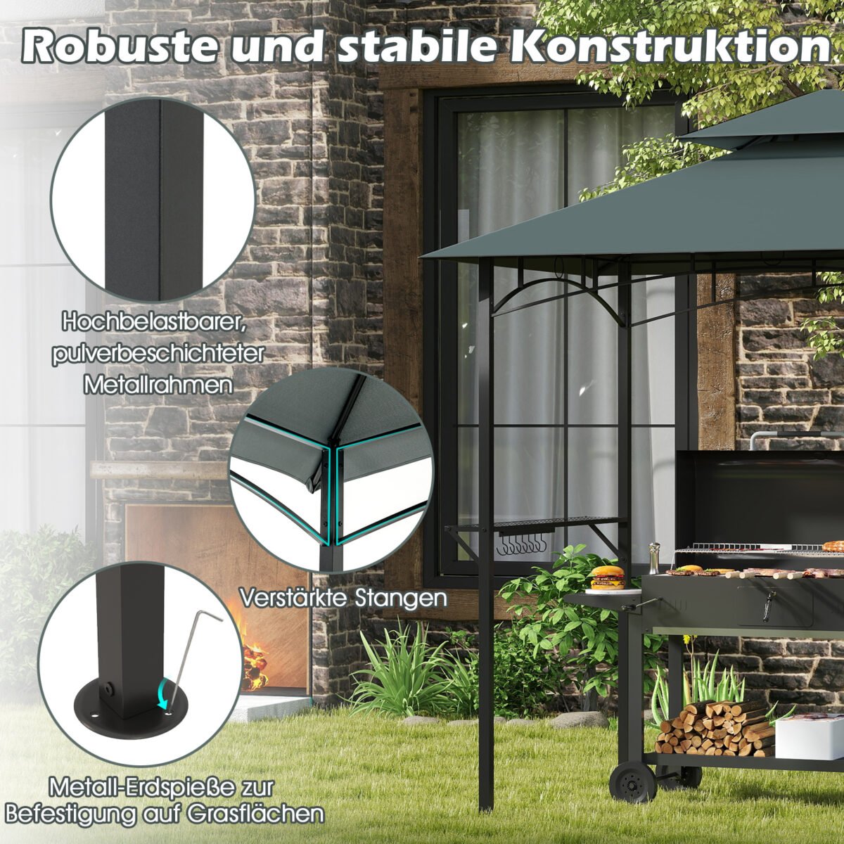 Grillavimo paviljonas su dviejų lygių stogu ir šoninėmis lentynomis (Pilka) – Paveikslėlis 5