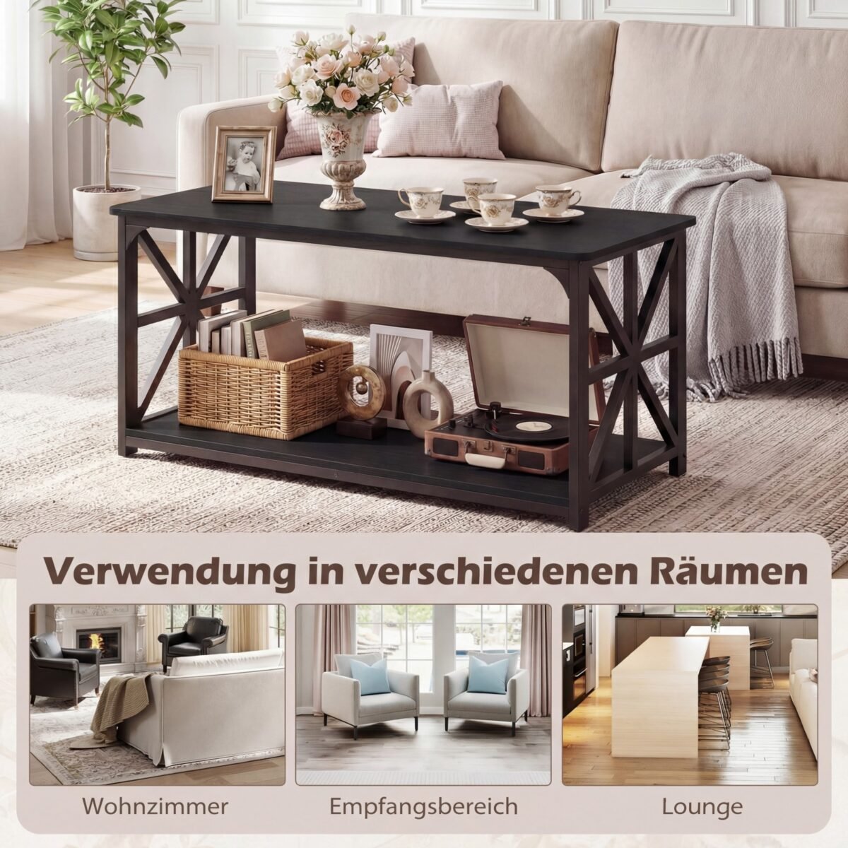 Industrinio stiliaus dviejų lygių kavos staliukas su atvira lentyna (Juoda) – Paveikslėlis 3