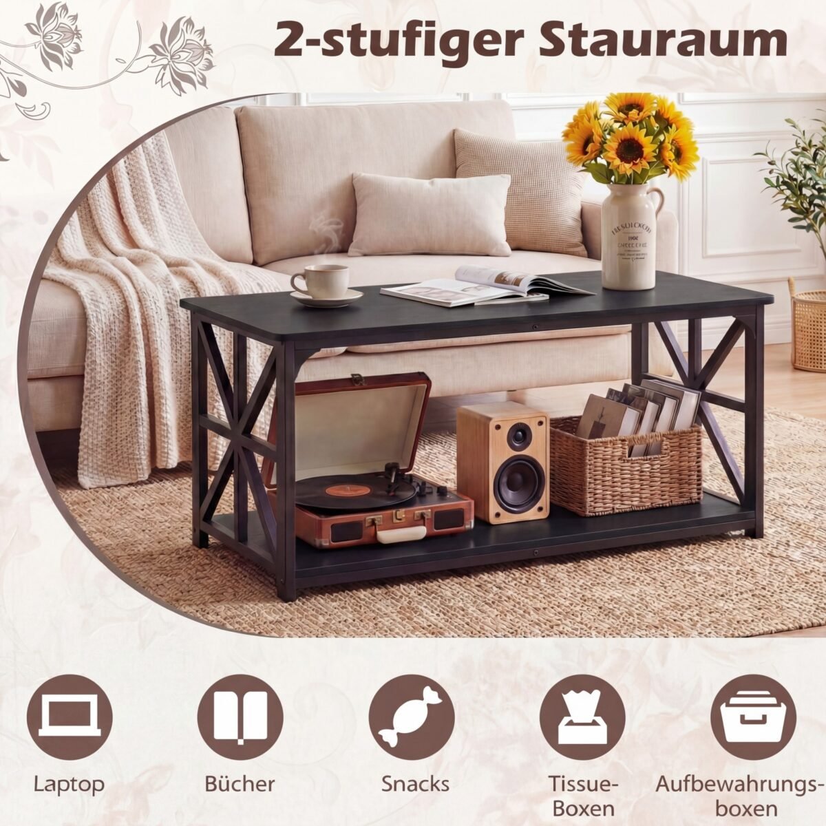 Industrinio stiliaus dviejų lygių kavos staliukas su atvira lentyna (Juoda) – Paveikslėlis 4