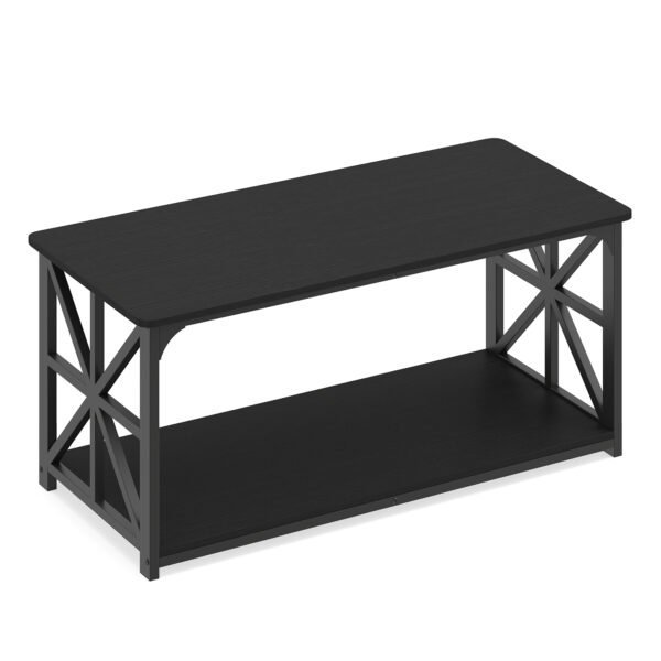 Industrinio stiliaus dviejų lygių kavos staliukas su atvira lentyna (Juoda)