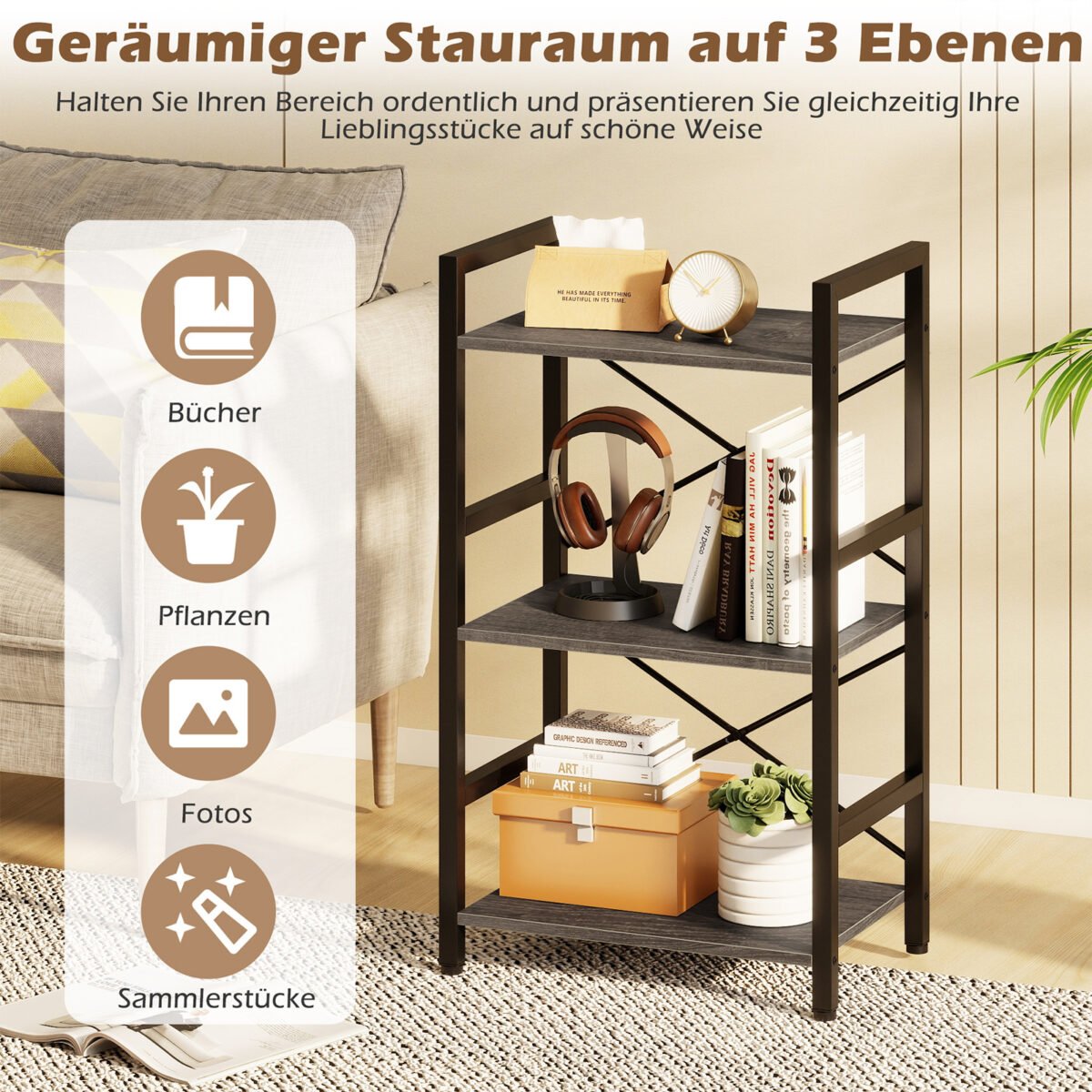 Industrinio stiliaus pastatoma 3 aukštų lentyna su metaliniu rėmu (Pilka) – Paveikslėlis 3