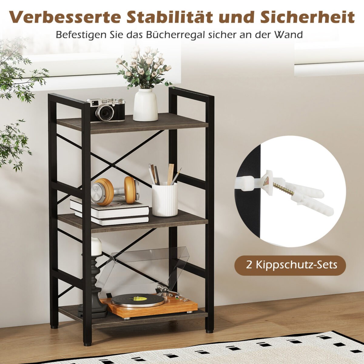 Industrinio stiliaus pastatoma 3 aukštų lentyna su metaliniu rėmu (Pilka) – Paveikslėlis 4