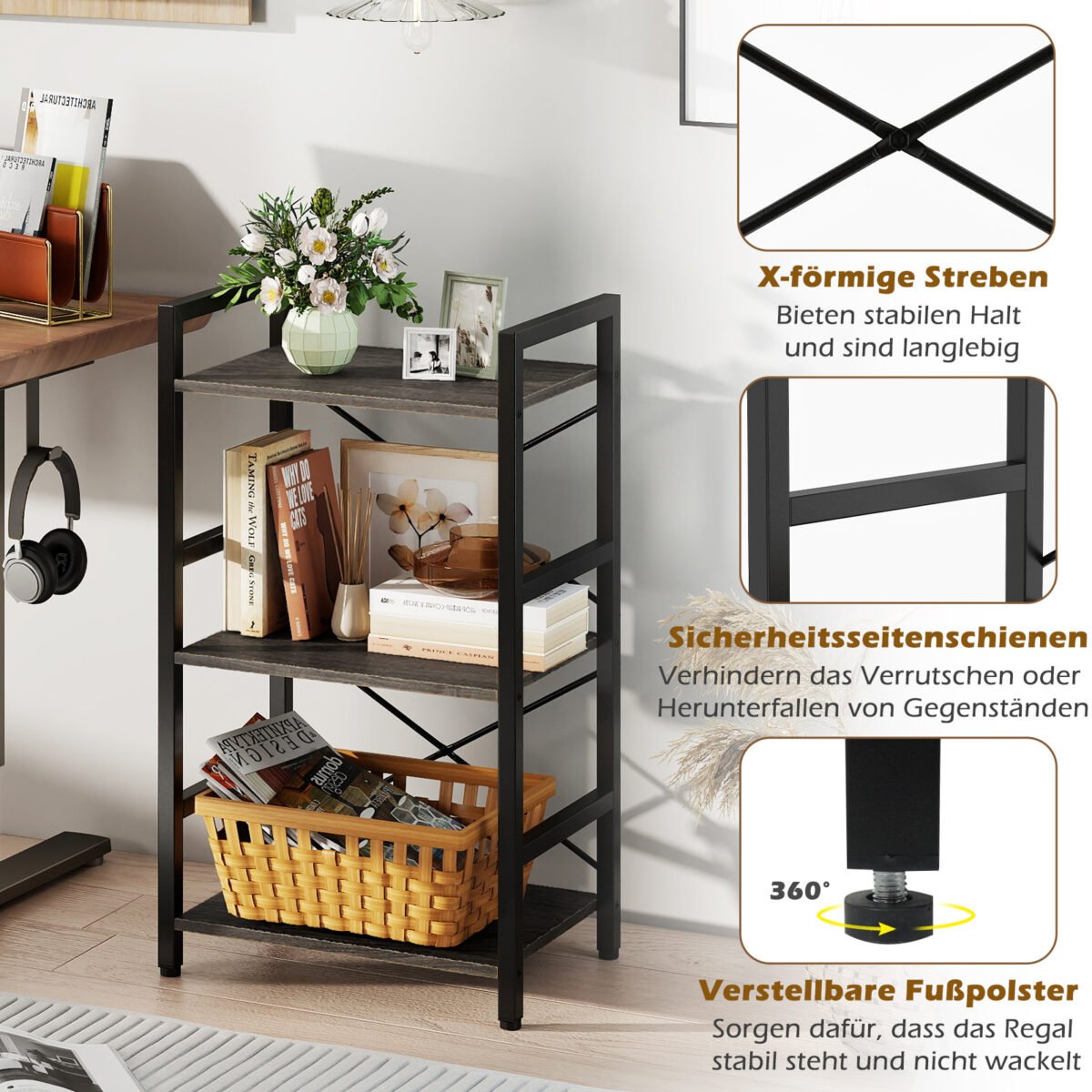 Industrinio stiliaus pastatoma 3 aukštų lentyna su metaliniu rėmu (Pilka) – Paveikslėlis 5