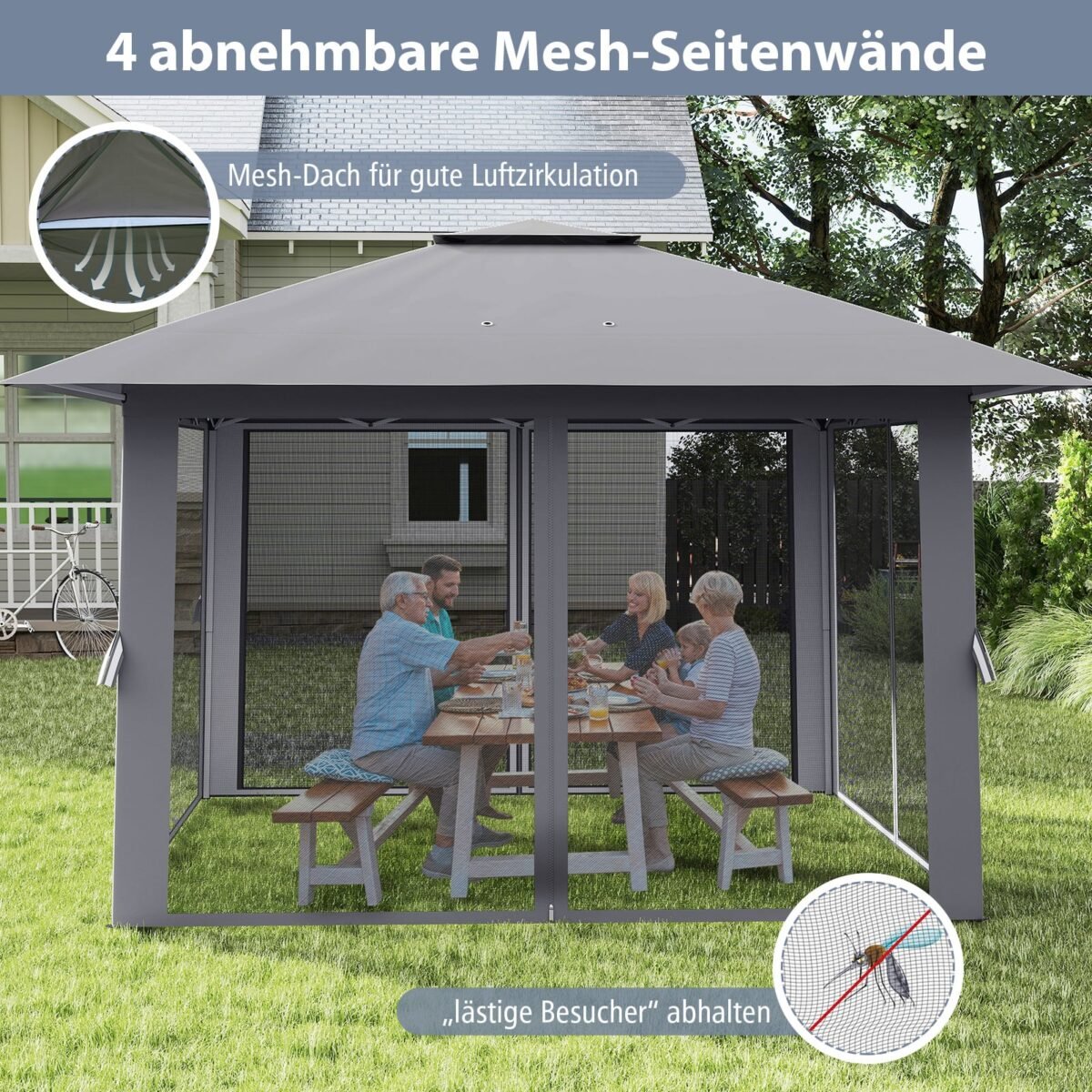 Išskleidžiamas paviljonas su tinklinėmis sienomis ir dvigubu stogu (Pilka) – Paveikslėlis 3