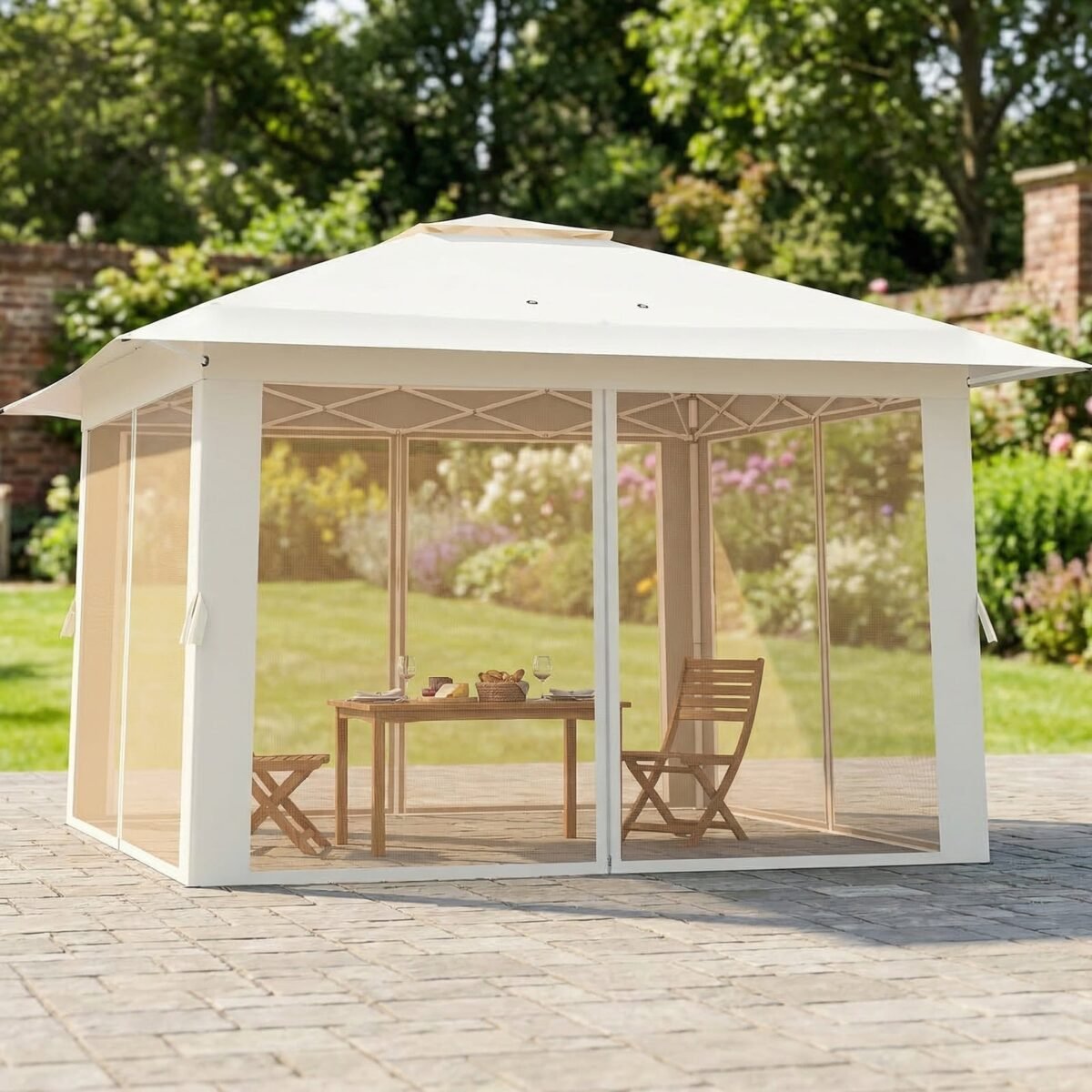 Išskleidžiamas sodo pavėsinės kupolas su dvigubu stogu ir tinklinėmis sienelėmis (Smėlio spalvos) – Paveikslėlis 2