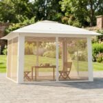 Išskleidžiamas sodo pavėsinės kupolas su dvigubu stogu ir tinklinėmis sienelėmis (Smėlio spalvos) – Paveikslėlis 2