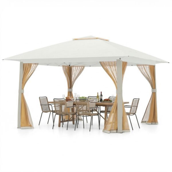 Išskleidžiamas sodo pavėsinės kupolas su dvigubu stogu ir tinklinėmis sienelėmis (Smėlio spalvos)