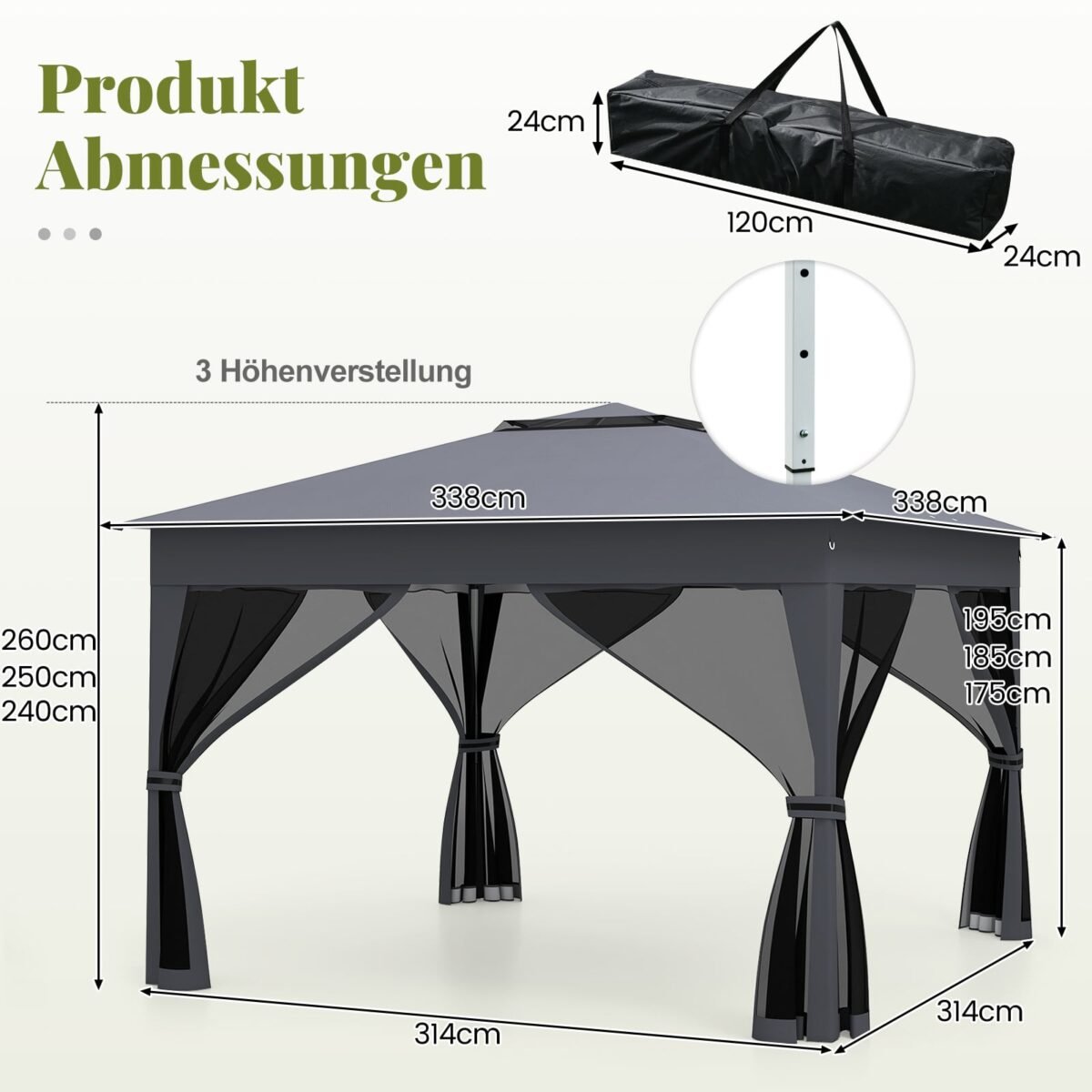 Iššokanti sodo pavėsinė su dvigubu stogu ir tinkleliais nuo vabzdžių (Pilka) – Paveikslėlis 2