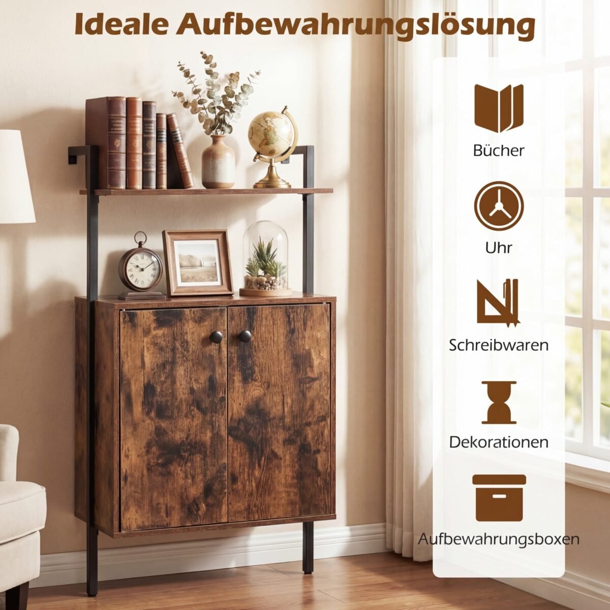 Keturių aukštų sieninė lentyna su spintele ir atviromis lentynomis (Rusvai ruda) – Paveikslėlis 3