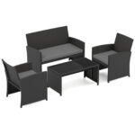 Keturių dalių ratano lauko baldų komplektas su dviviete sofa ir kavos staliuku (Pilka)