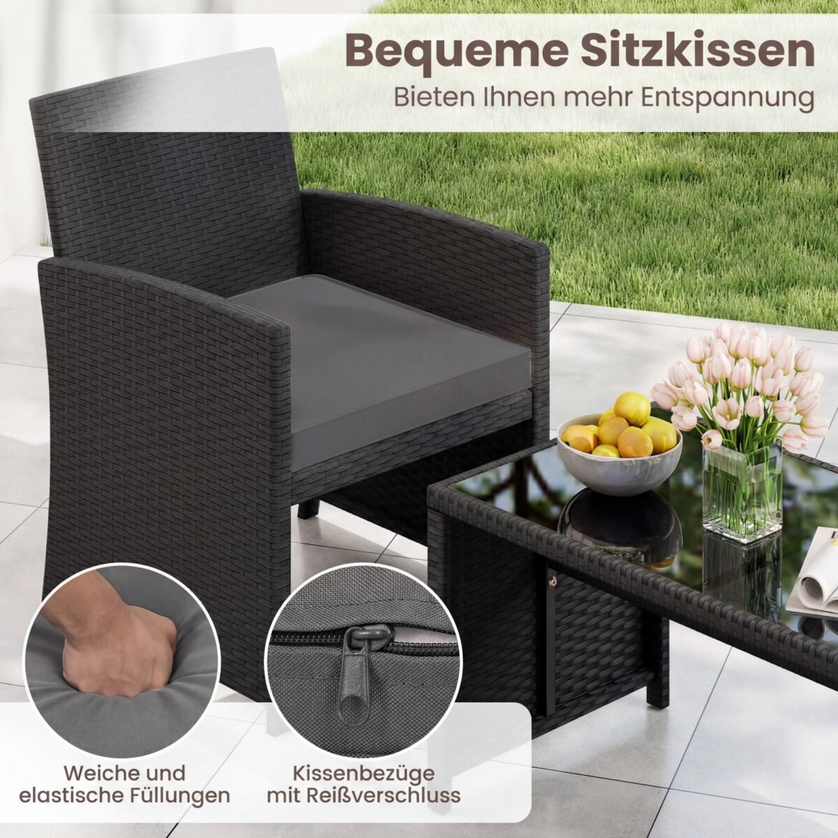 Keturių dalių ratano lauko baldų komplektas su dviviete sofa ir kavos staliuku (Pilka) – Paveikslėlis 3