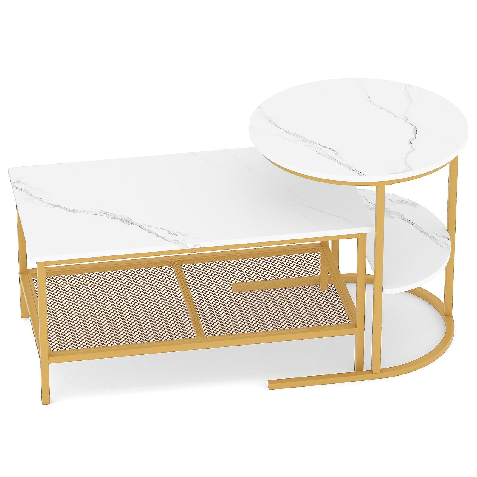 Kombinuojamas kavos staliukų komplektas su dirbtinio marmuro stalviršiu (Balta)