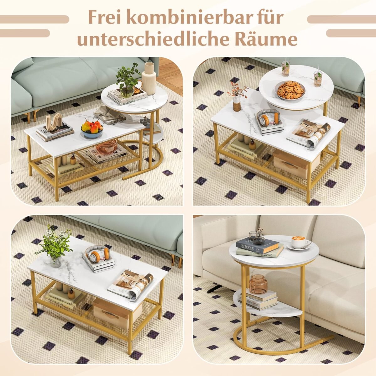 Kombinuojamas kavos staliukų komplektas su dirbtinio marmuro stalviršiu (Balta)