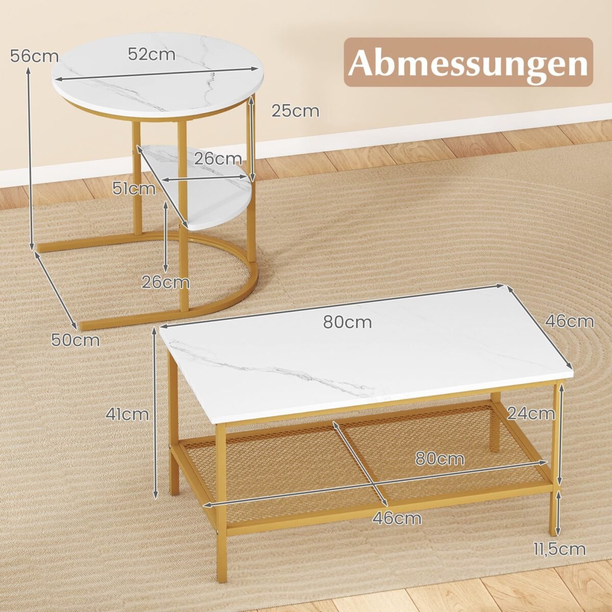 Kombinuojamas kavos staliukų komplektas su dirbtinio marmuro stalviršiu (Balta) – Paveikslėlis 5