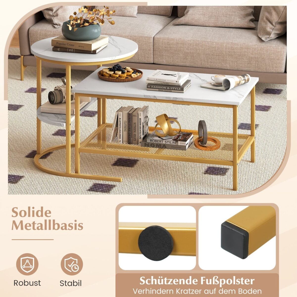 Kombinuojamas kavos staliukų komplektas su dirbtinio marmuro stalviršiu (Balta) – Paveikslėlis 2