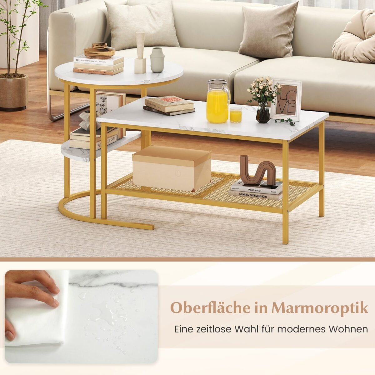 Kombinuojamas kavos staliukų komplektas su dirbtinio marmuro stalviršiu (Balta) – Paveikslėlis 3