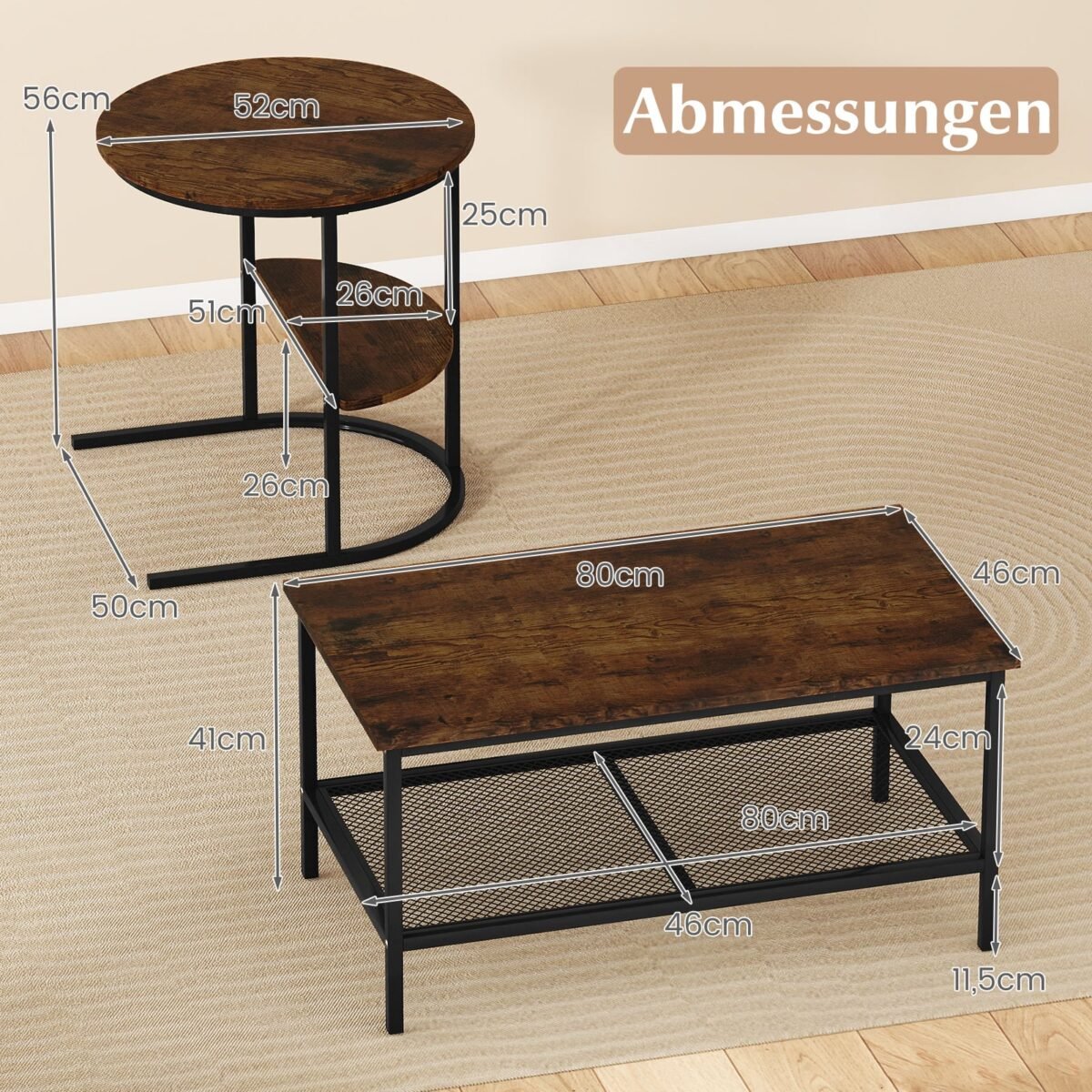 Kombinuojamas kavos staliukų komplektas su dirbtinio marmuro stalviršiu (Ruda) – Paveikslėlis 2