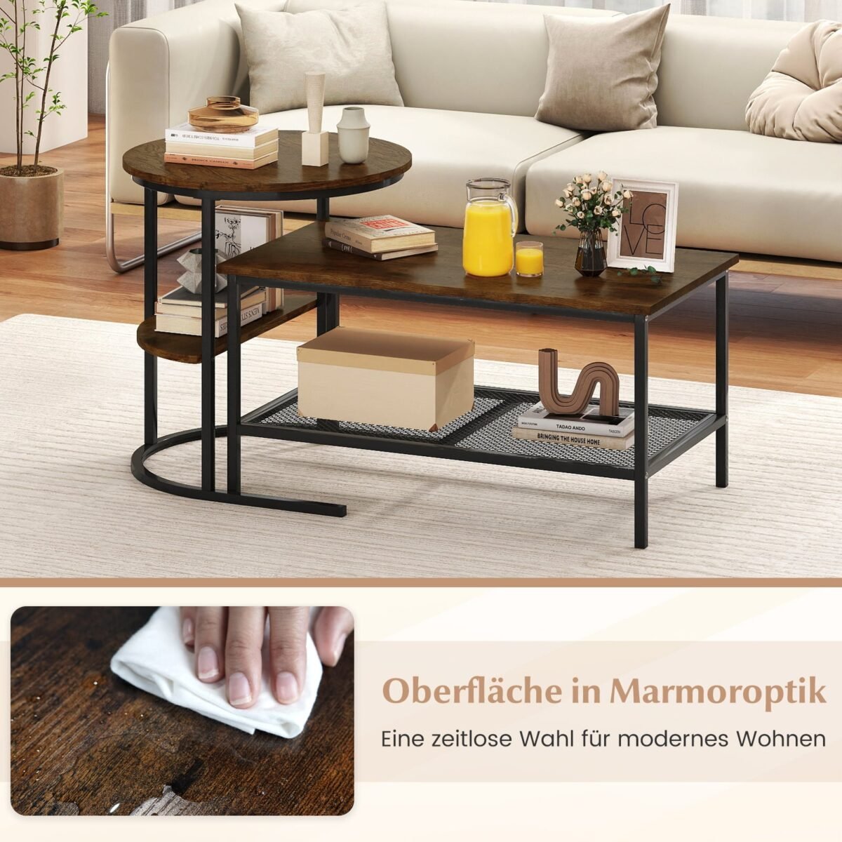 Kombinuojamas kavos staliukų komplektas su dirbtinio marmuro stalviršiu (Ruda) – Paveikslėlis 4