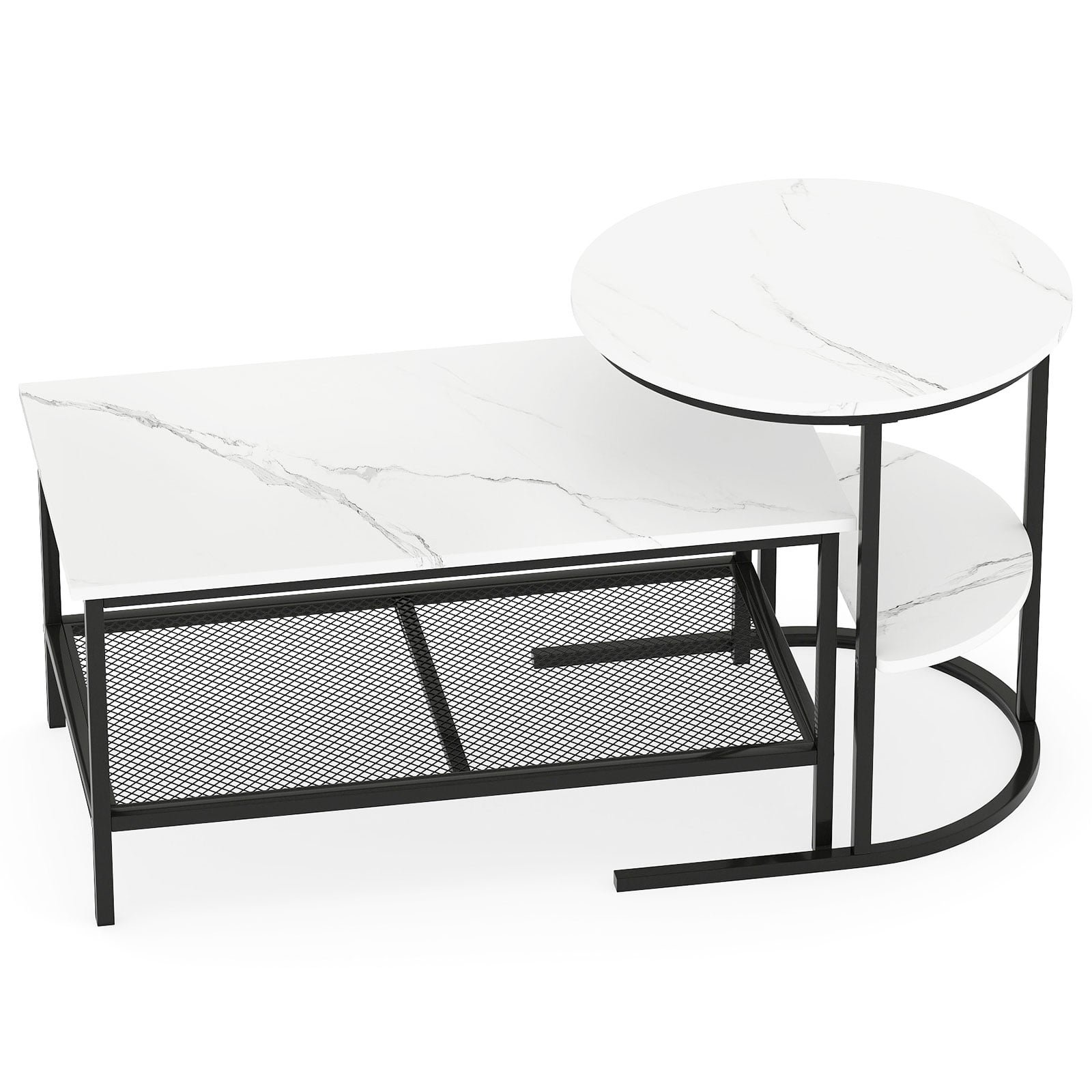 Kombinuojami dviejų dalių kavos staliukai su dirbtinio marmuro stalviršiais (Juoda ir balta)