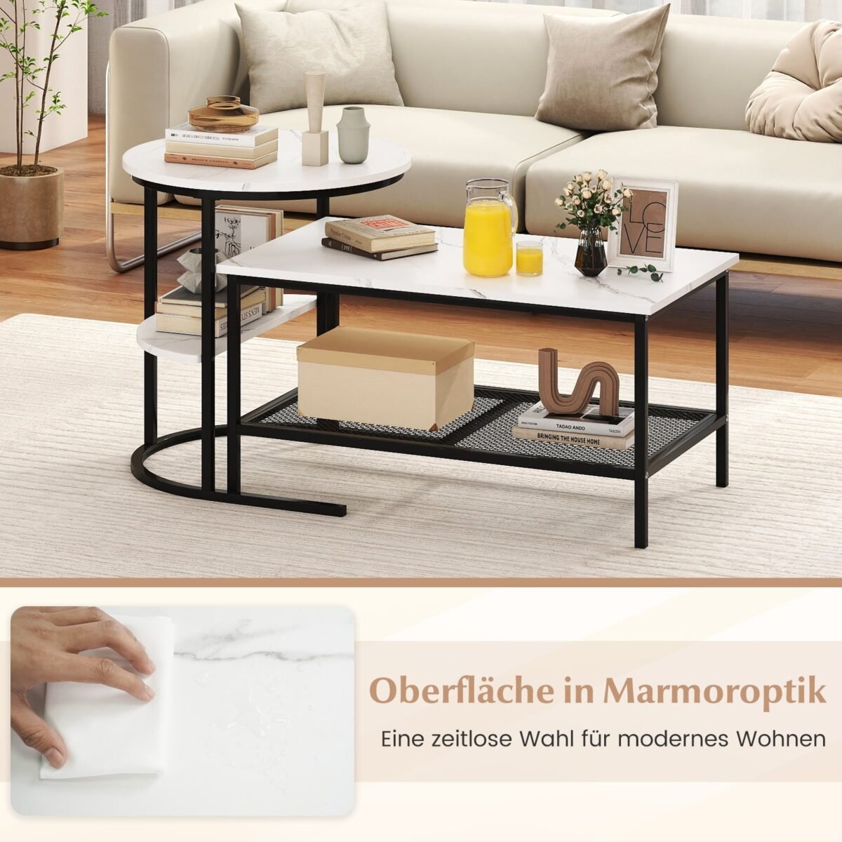 Kombinuojami dviejų dalių kavos staliukai su dirbtinio marmuro stalviršiais (Juoda ir balta) – Paveikslėlis 3