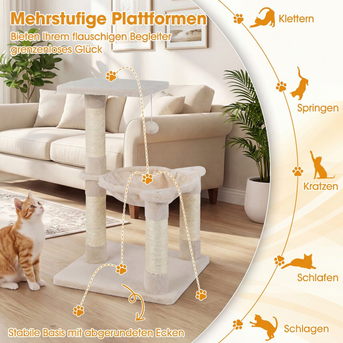 Kompaktiška kačių draskyklė su sisalio stulpais ir jaukiu hamaku (Smėlio) – Paveikslėlis 3