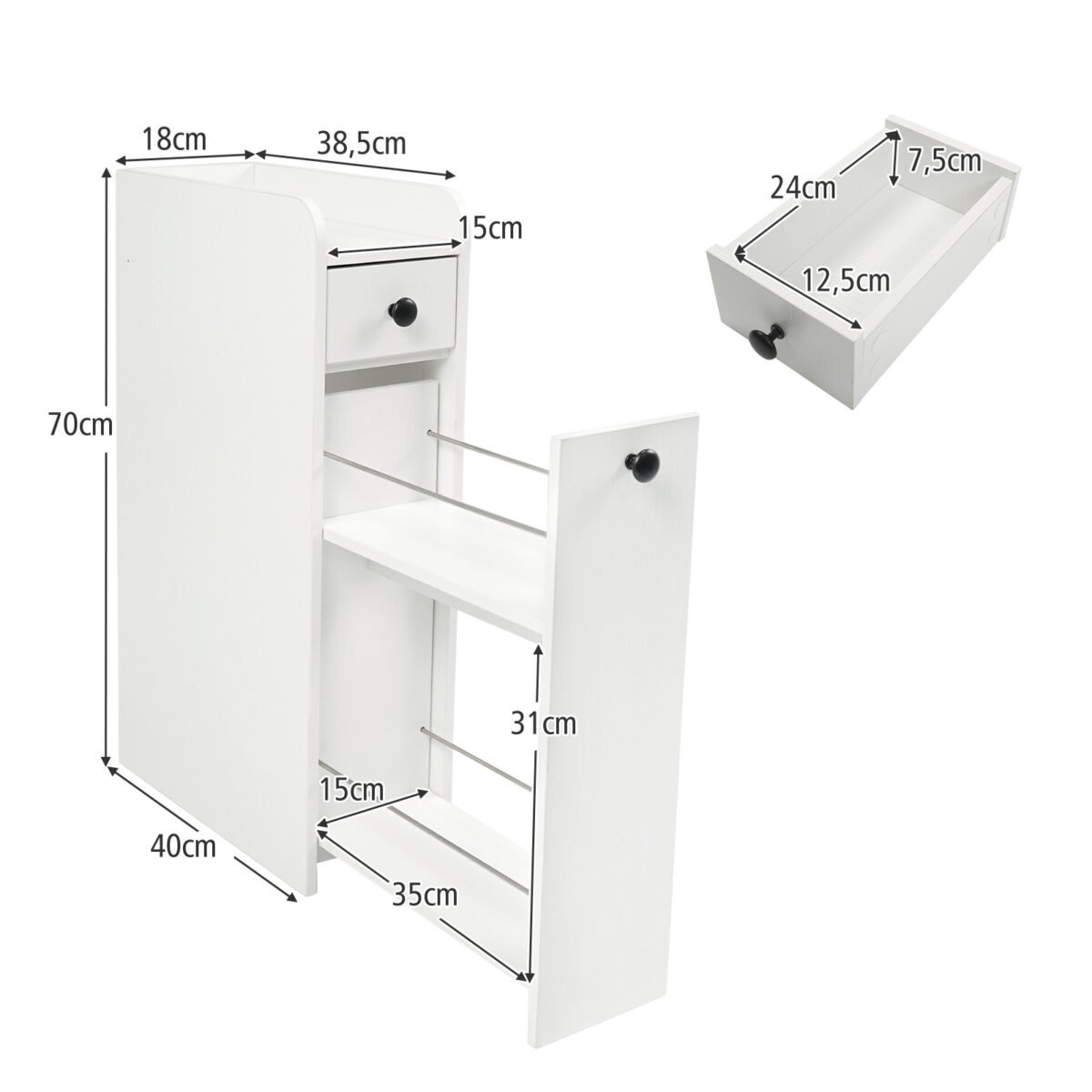 Kompaktiška nišinė spintelė su stalčiais ir ratukais (Balta)