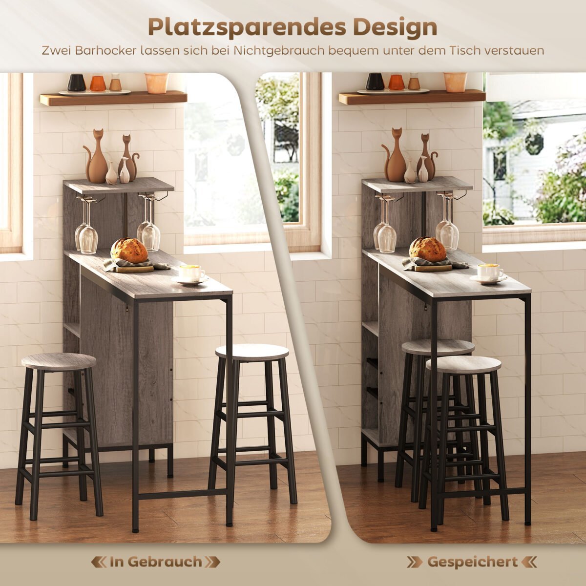 Kompaktiškas 3 dalių baro stalo komplektas su vyno lentynomis ir taurių laikikliais – Paveikslėlis 6