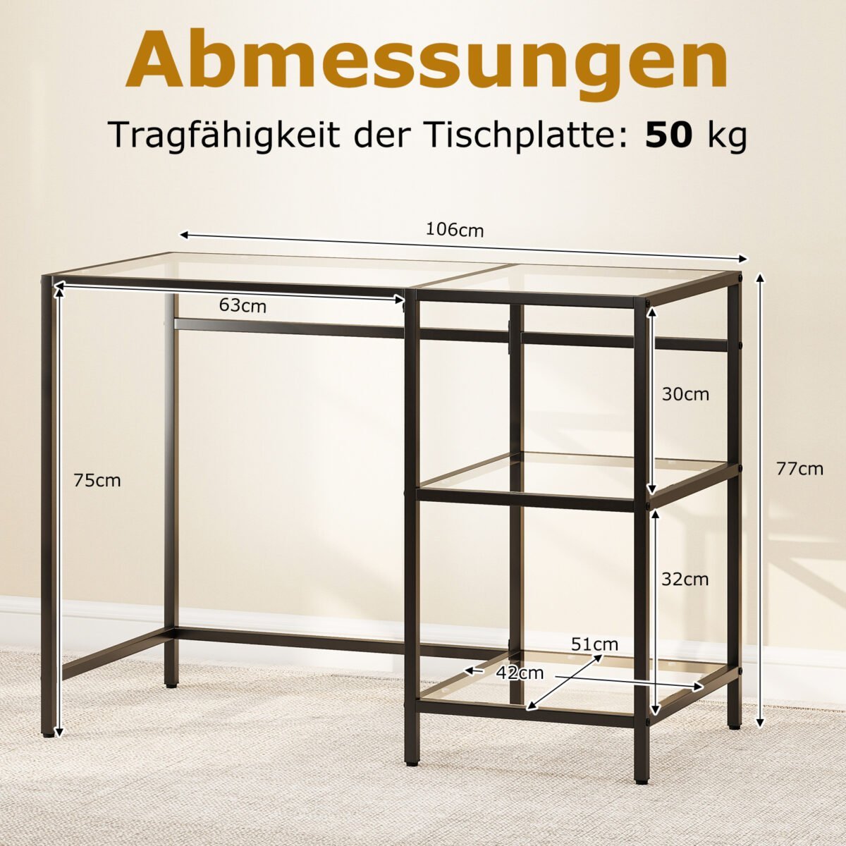 Kompiuterio stalas su grūdinto stiklo stalviršiu (Juoda) – Paveikslėlis 5