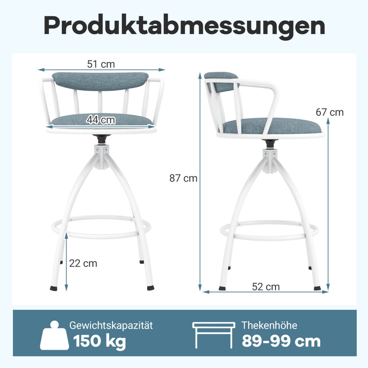 Komplektas dviejų sukamųjų baro kėdžių su atlošu ir kojų atrama (Mėlyna) – Paveikslėlis 2