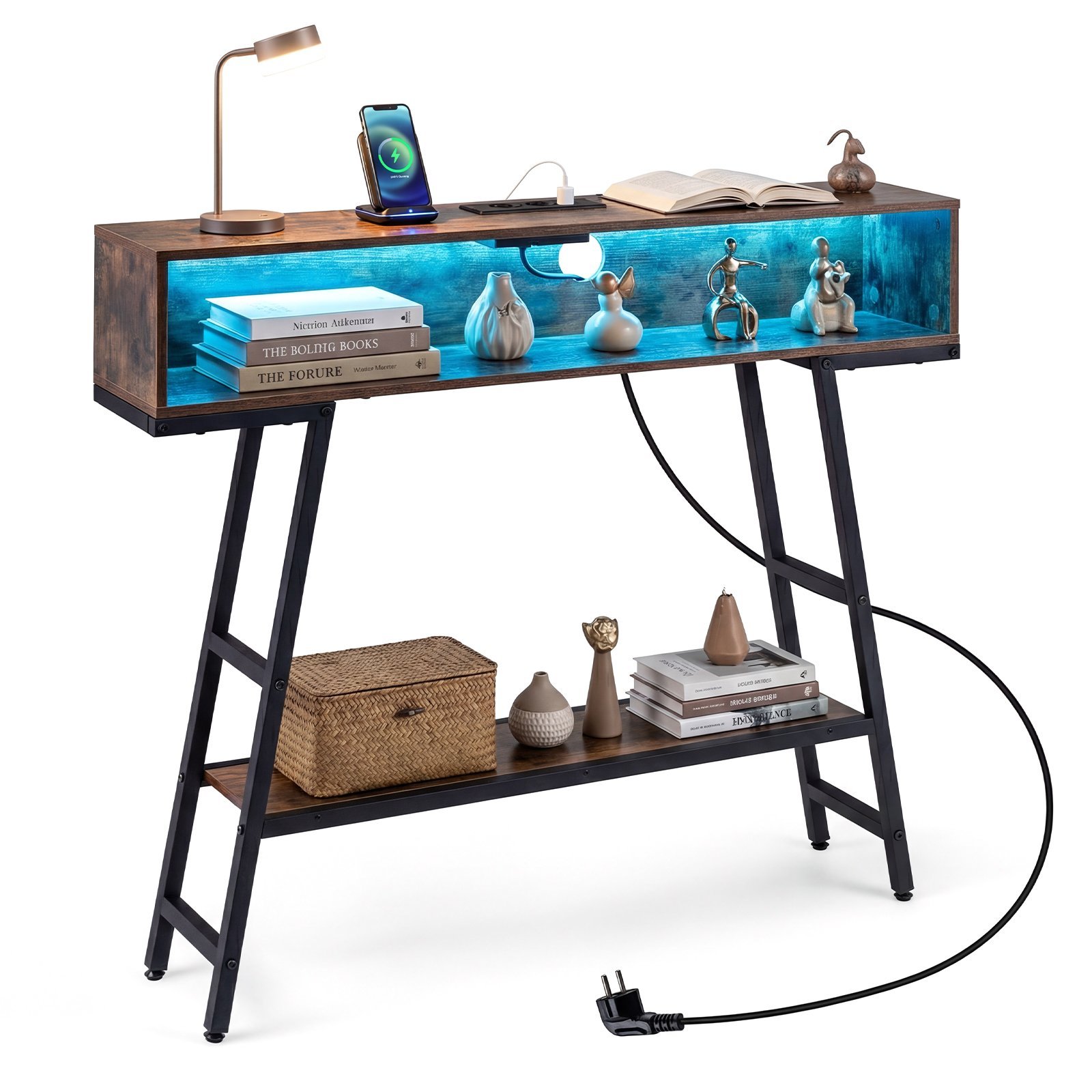 Konsolinis staliukas su RGB LED apšvietimu ir įkrovimo stotele (Rūdikio ruda)