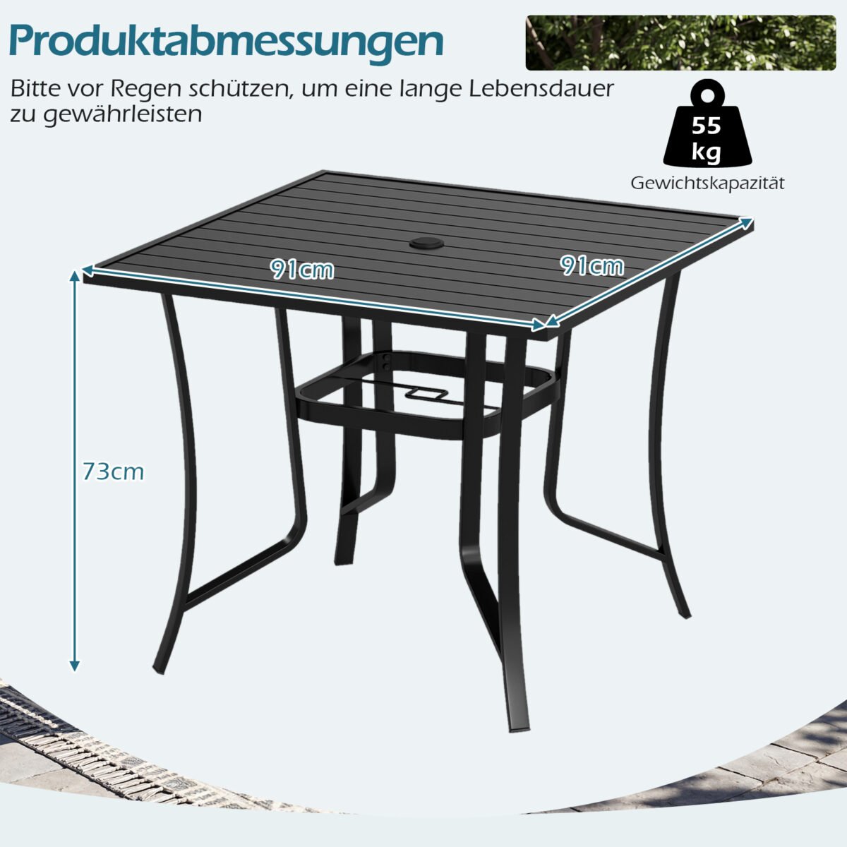 Kvadratinis metalinis stalas su skėčio anga terasai (Juoda) – Paveikslėlis 2