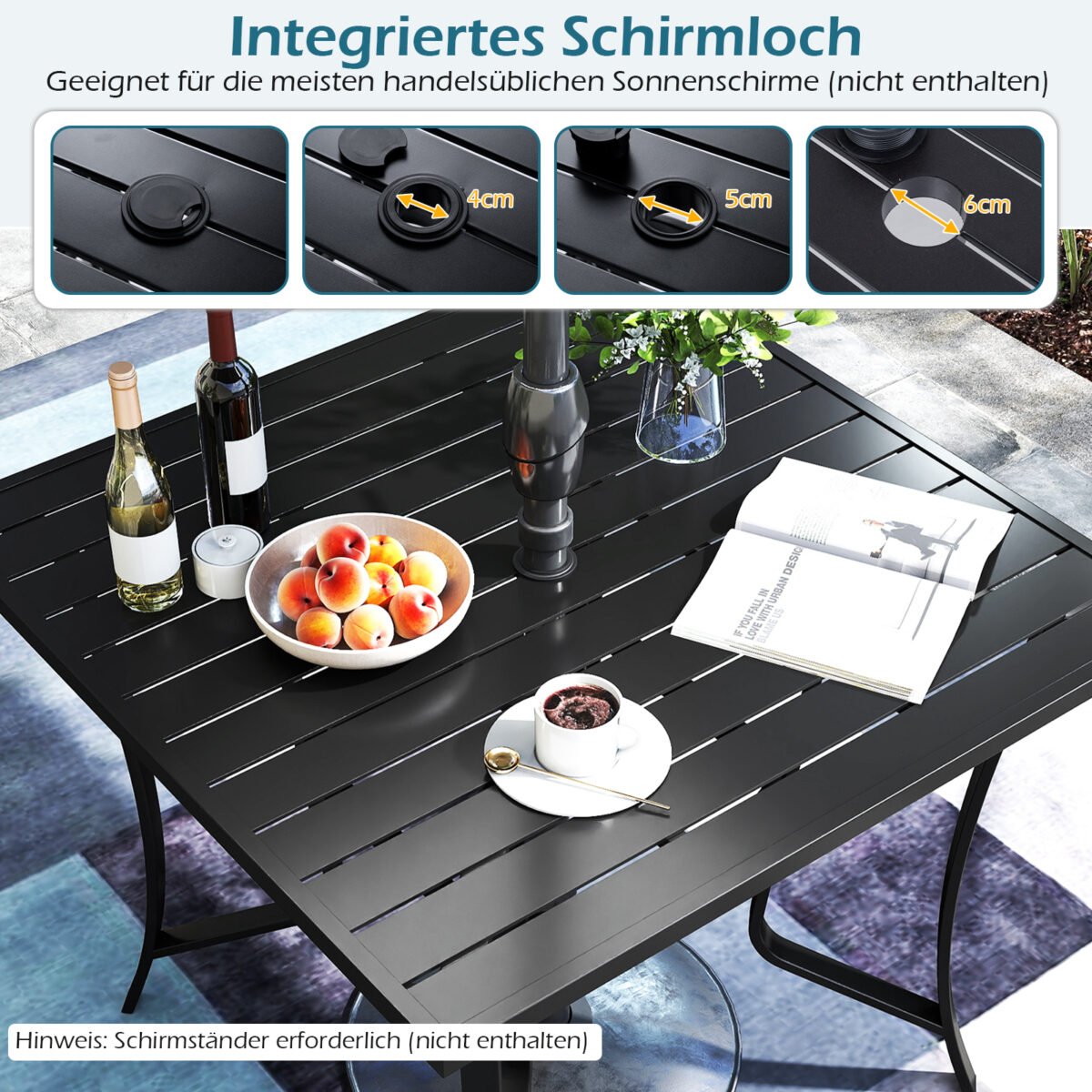 Kvadratinis metalinis stalas su skėčio anga terasai (Juoda) – Paveikslėlis 3