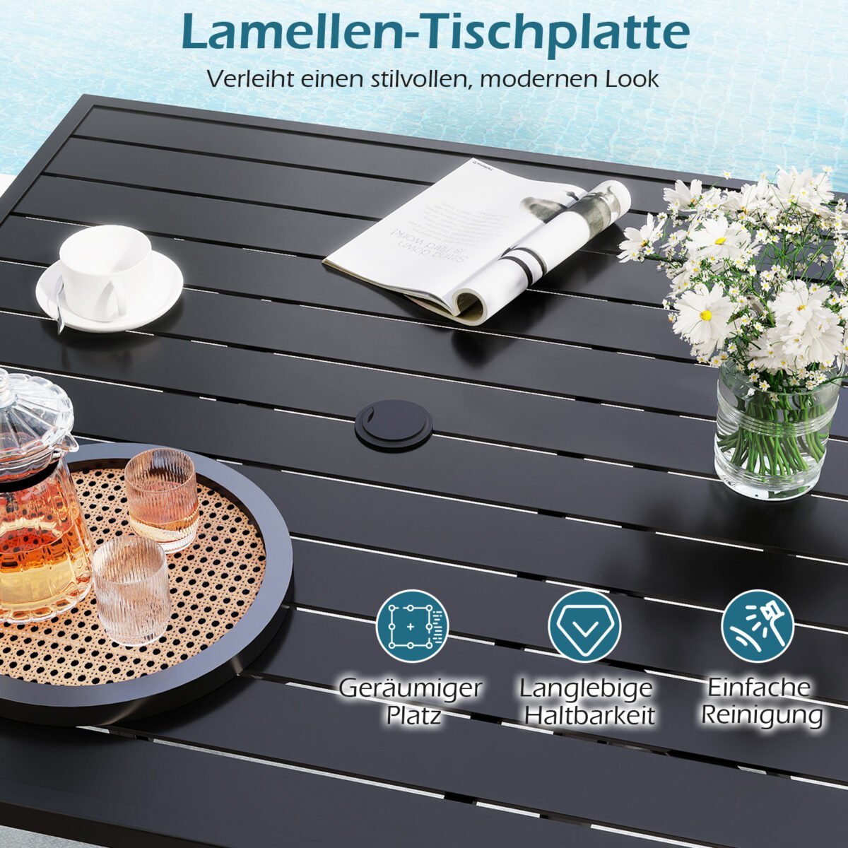 Kvadratinis metalinis stalas su skėčio anga terasai (Juoda) – Paveikslėlis 4