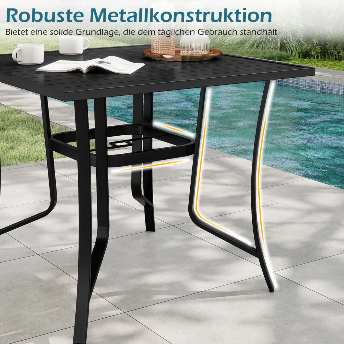 Kvadratinis metalinis stalas su skėčio anga terasai (Juoda) – Paveikslėlis 5