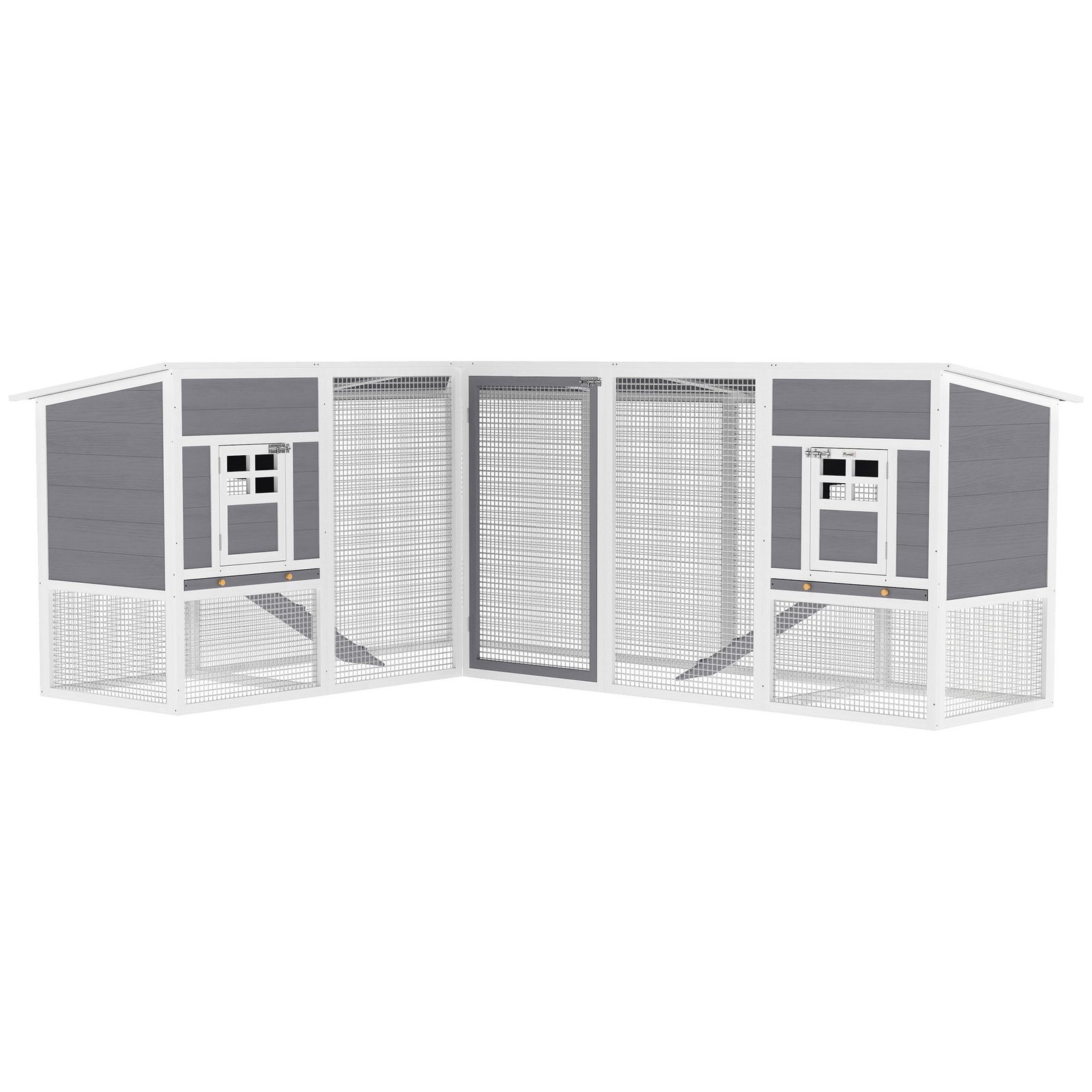 L formos dviaukštė vištidė su dviem nameliais ir voljeru