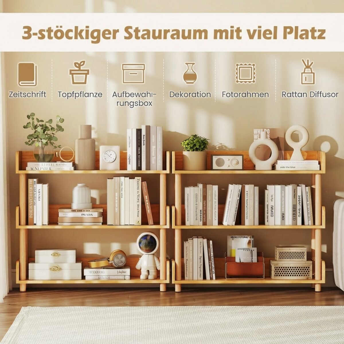 Laisvai pastatoma 3 lygių medinė kampinė lentyna (Natūrali) – Paveikslėlis 4