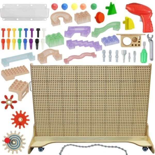 Laisvai pastatoma STEM konstravimo siena su rutuliukų trasa ir įrankiais