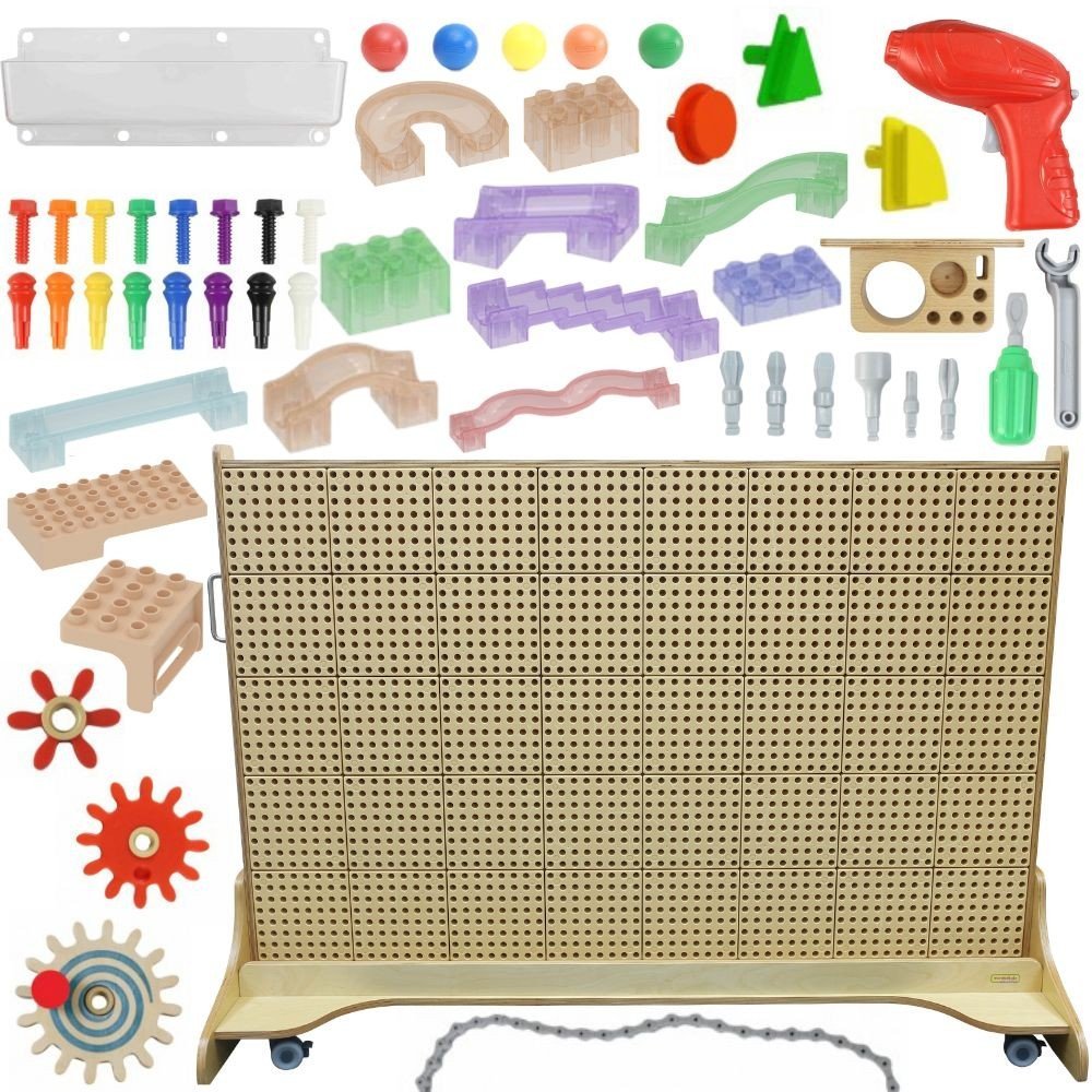 Laisvai pastatoma STEM konstravimo siena su rutuliukų trasa ir įrankiais