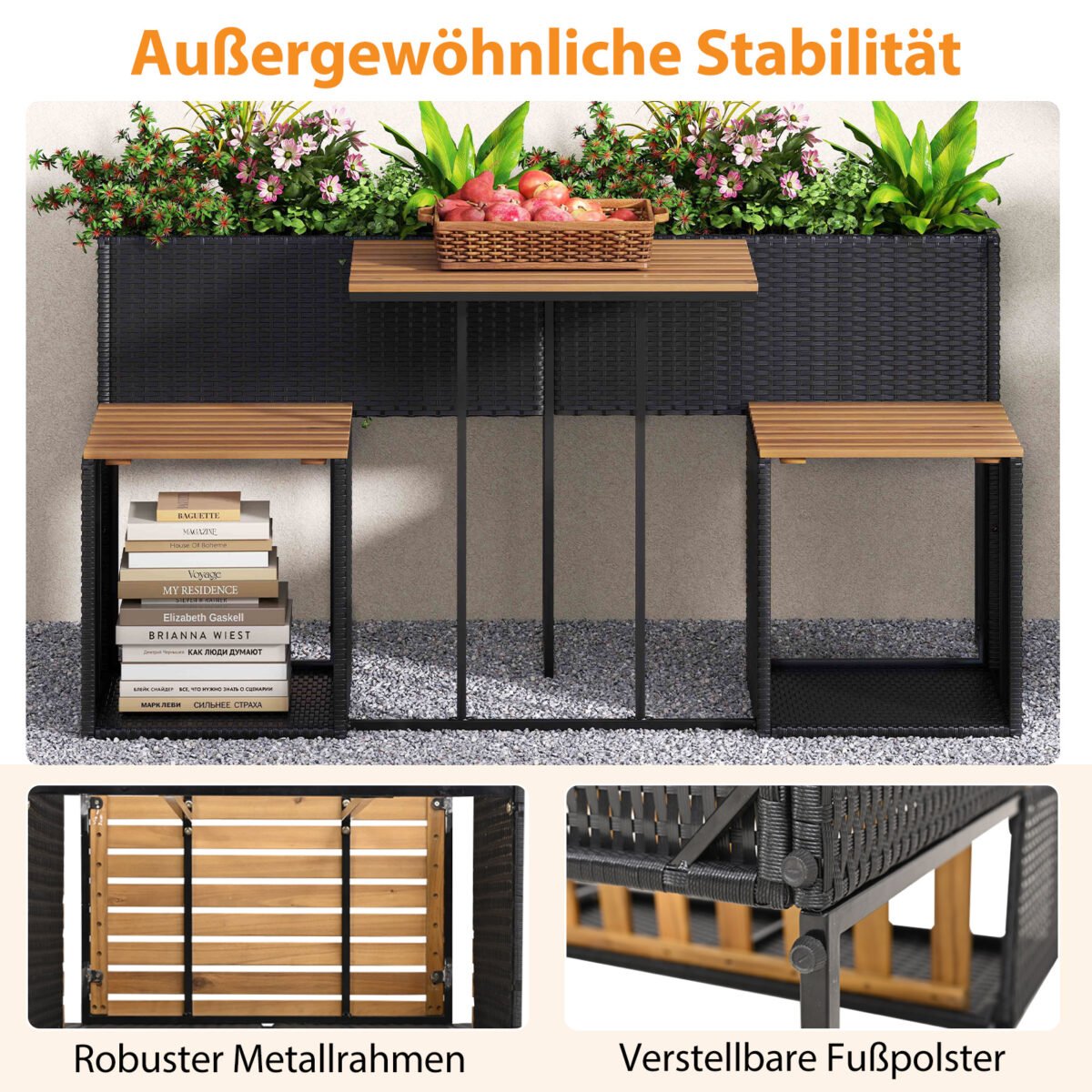 Lauko baldų komplektas su pakelta lysvele ir integruotais krėslais (Juoda)