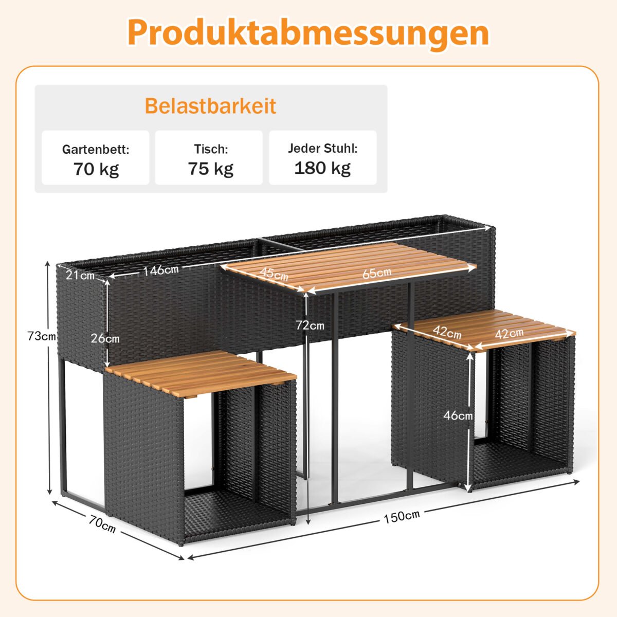 Lauko baldų komplektas su pakelta lysvele ir integruotais krėslais (Juoda) – Paveikslėlis 5