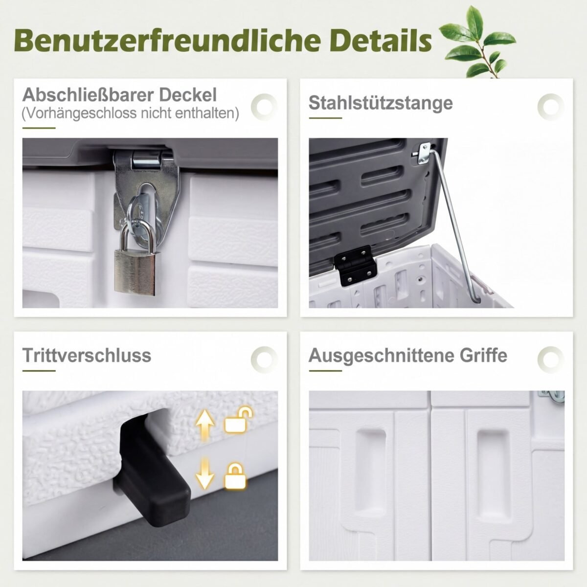 Lauko daiktadėžė su reguliuojama lentyna ir užrakinamu dangčiu (Šviesiai pilka + Balta) – Paveikslėlis 4