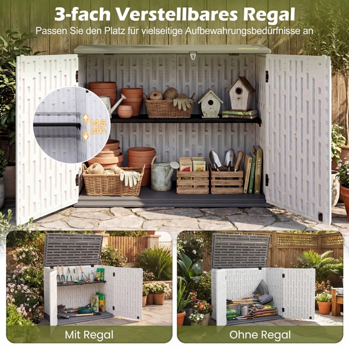 Lauko daiktadėžė su reguliuojama lentyna ir užrakinamu dangčiu (Šviesiai pilka + Balta) – Paveikslėlis 5